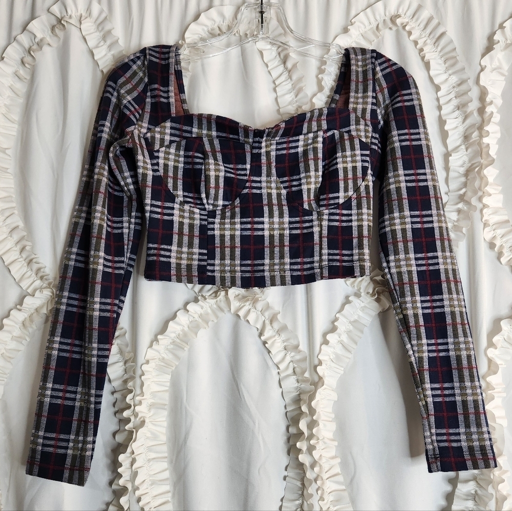Free People Modern Love Long Sleeve Plaid Crop Top Sz 2